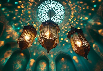 Obraz premium Ornate Hanging Lanterns Casting Warm Glow from an Intricately Designed Ceiling