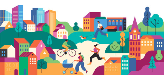 Colorful Urban Park Scene. People Exercising, Cycling, and Walking in a Vibrant Cityscape. © Marina Zlochin