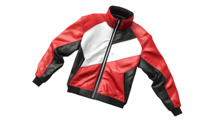 Red, White, and Black Leather Jacket with Zip and Bold Color Blocks