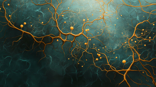 A network of branching hyphae each ending in a of conidia forming a sprawling and complex web of fungal reproduction. Sprawling Hyphae. Illustration
