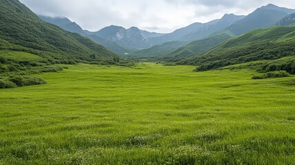 Fototapeta premium Lush Green Meadow Landscape with Mountain Range Under Cloudy Sky