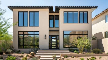Fototapeta premium A modern home with two stories, large windows framed in black, and beige stucco walls accented by concrete elements