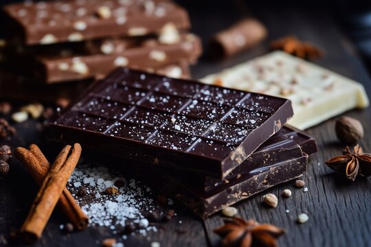 Delicious chocolate bars are carefully made with a blend of spices and a sprinkle of sea salt. This culinary activity takes place in a warm and inviting kitchen setting, showcasing creativity.