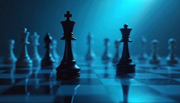 Monochrome blue shot of glass chess pieces on checkered board. King, queen confrontation in strategy game. Chessboard with strategic business play under neon light. Conceptual photo game, business,