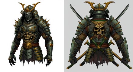 Detailed Vector Illustration of Samurai Skull with Katanas