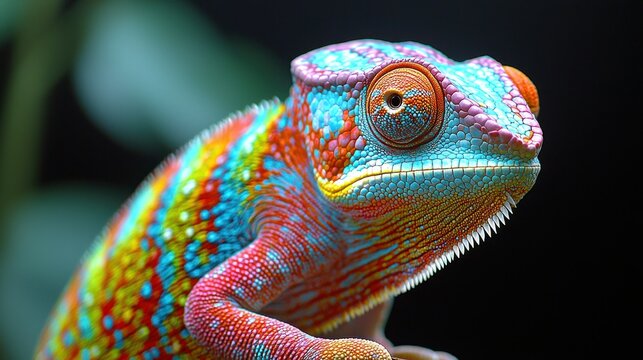 Colorful chameleon displaying vibrant hues against dark background
