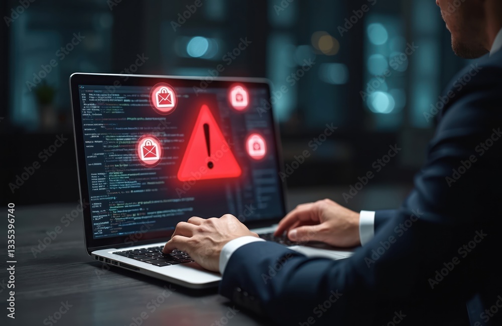 Leinwandbilder man using laptop with cybercrime alarm. data protection, internet security and privacy against data 