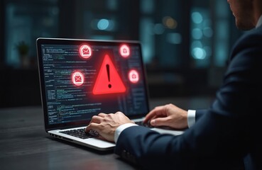 Man using laptop with cybercrime alarm. Data protection, internet security and privacy against data theft and email breach. Digital age hacker attack with firewall and antivirus software.