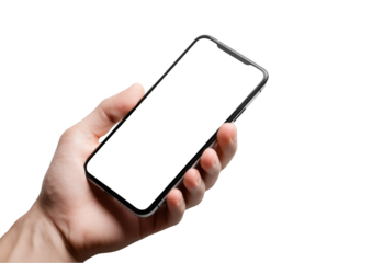 a hand holding a phone with a blank screen mockup on a white background