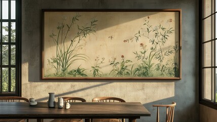 Serene Asian-Inspired Interior with Wildflower Painting