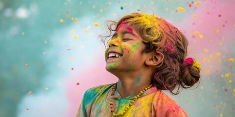 Portrait of cute little girl being showered by colored powders during holi