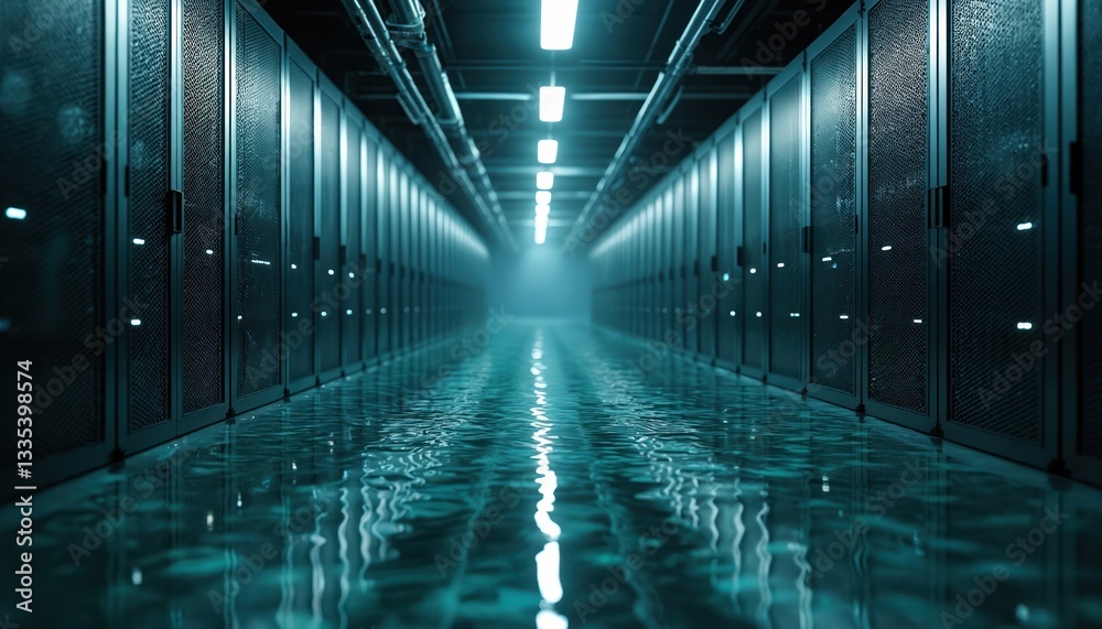 Fototapete Datacenter array flooded with water. Damage, recovery in infrastructure. Server room disaster with network crisis, emergency response, system disruption in computer security, cloud hardware, backup.
