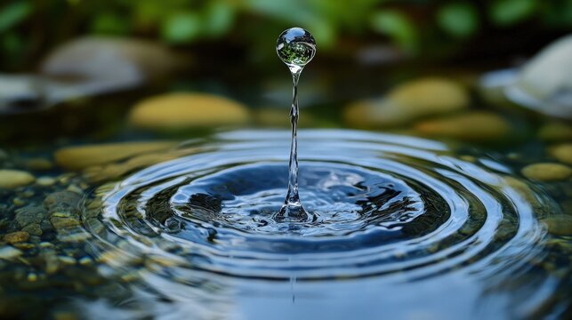 Water droplet action creates ripples in nature’s serene environment close-up photography perspective