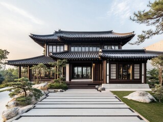 A traditional Asian architectural home sits among landscaped gardens