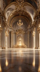 Fototapeta premium Grand Rococo Palace Awards Stage with Ornate Gold Details and Majestic Chandeliers. Copy space. Generative AI 