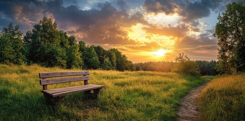 Fototapeta premium Empty bench inviting viewers to enjoy golden sunset over green meadow