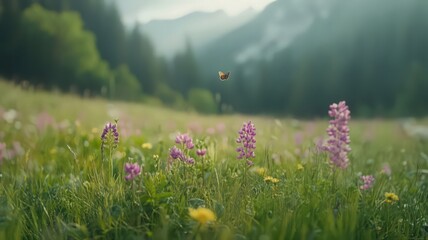 Obraz premium Butterfly Over Wildflower Meadow in Mountain Valley