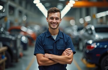 Smiling young man portrait, auto factory worker. Caucasian male with crossed arms, blue uniform. Industry, manufacturing, pro labor. Happiness emotion, career, modern tech, quality control background.