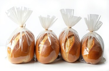 Four loaves of brown bread packaged in clear plastic bags. Fresh baked bread on a transparent PNG background. Grocery store baked goods on display. Crusty bread for breakfast, lunch, dinner.