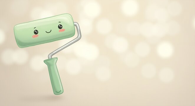 Cute green paint roller with a smiling face against a soft, blurred background exuding a cheerful mood, symbolizing creativity and readiness for home improvement projects