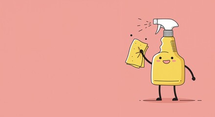 Cleaning spray bottle character joyfully holding a sponge, conveying a cheerful and playful mood, representing the act of cleaning against a solid pink background