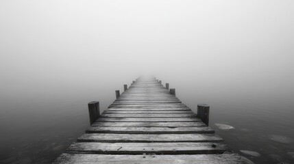Obraz premium Mysterious foggy pier journey serene lake photograph tranquil environment wide angle nature's embrace