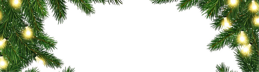Obraz premium Festive Christmas garland of green pine branches with lights on a white background