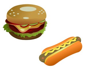 Digital illustration of a delicious cheeseburger and a hot dog, showcasing brightly colored toppings and food details, representing iconic fast food items in a visually appealing design.