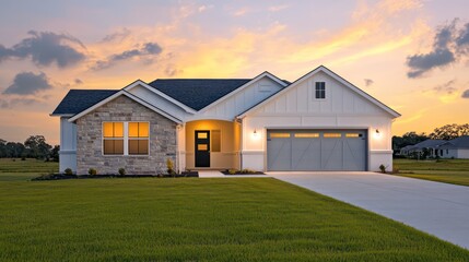 Fototapeta premium A modern single-story ranch home in off-white and gray hues, with striking stone accents around the exterior
