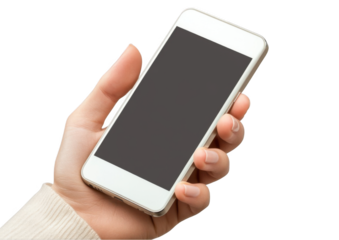 a hand holding a phone with a blank screen mockup on a white background