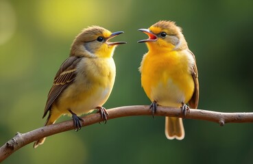 Two bright yellow birds on branch in spring. One bird sings to another. Bird communication wildlife animal theme. Nature background, love, friendship, companionship. Sweet melody outdoors.