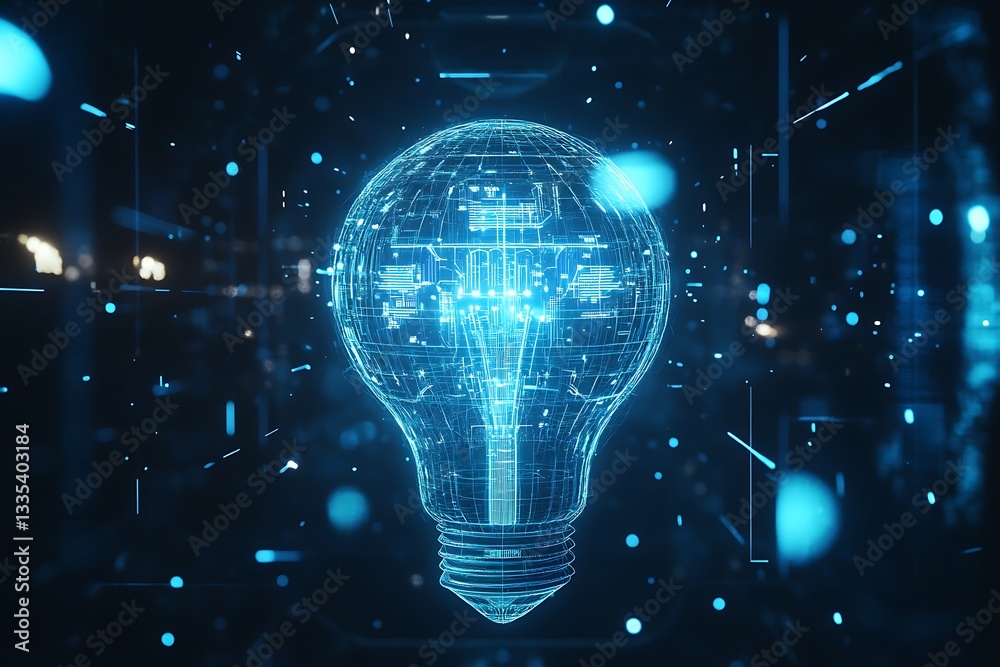 Wall mural a glowing light bulb with digital circuit patterns inside, floating in the dark space of an ai lab