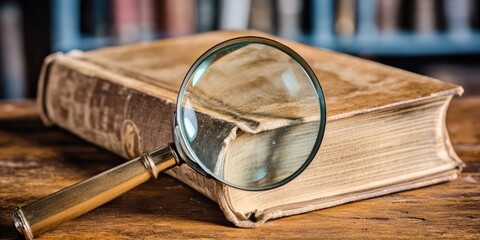 A magnifying glass perched on top of an open book, great for finding references or highlighting important passages