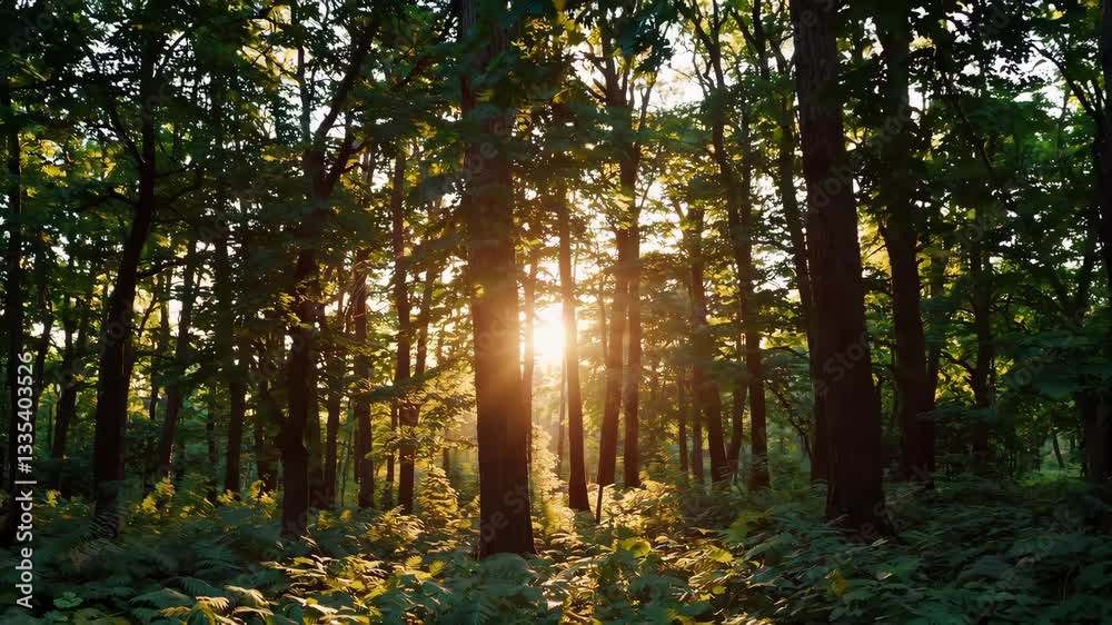 Poster Sunlight filtering through dense forest with lush greenery, nature serenity concept