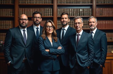 Team of lawyers stand in court library, looking at camera. Diverse group of confident professionals, legal experts in suits. Woman lawyer with crossed arms stands in front.