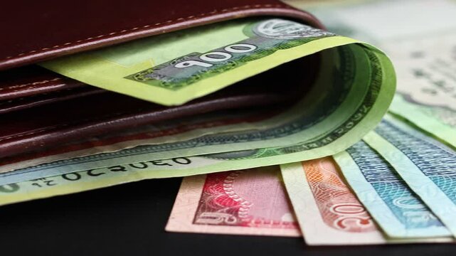 Close up view of leather wallet with Nepalese rupee (NPR) banknotes. Concept of saving money for retirement, cash settlement, financial success, literacy and income planning in Nepal.