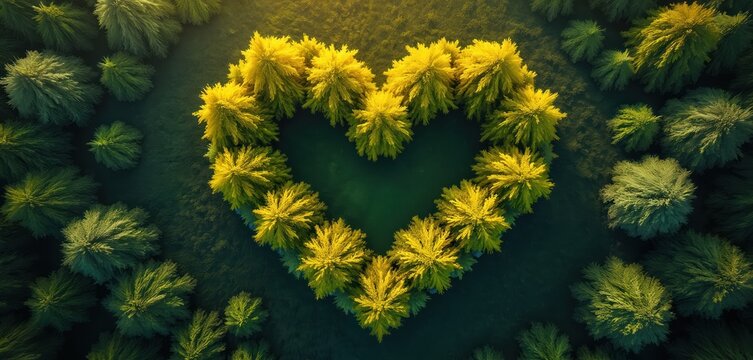 Aerial view of heart shaped trees in forest, love symbol. Evergreen trees, green grass. Romantic nature landscape with sunlight. Save planet, earth day concept. Natural heart shape symbol.