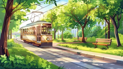 Obraz premium Charming Vintage Tram Amidst Lush Greenery and Serene Park Setting Ideal for Transportation N