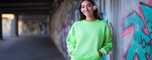 Smiling young woman in a green sweater wearing headphones indoors