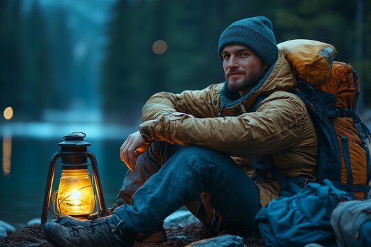 A rugged camper sits beside a glowing lantern near a serene lake, surrounded by nature.