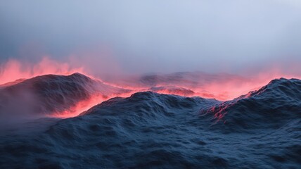 Surreal Volcanic Landscape: Glowing Red Lava Flowing Across Dark Textured Terrain Under a Hazy Blue Sky