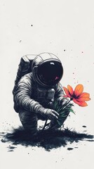 An astronaut gently tending to a vibrant flower in space