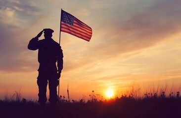 A silhouette of an American soldier saluting while holding the flag at sunrise, symbolizing a peaceful and healthy state for U.S. military service members