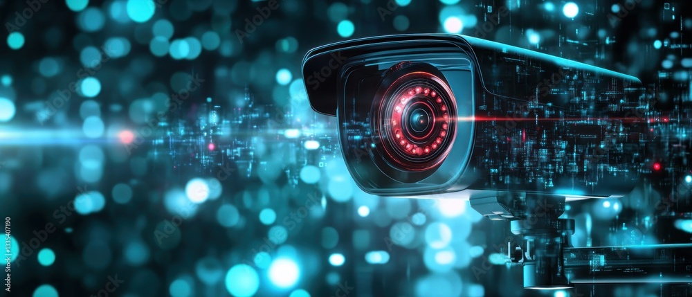 Poster high-tech security camera capturing digital data flow