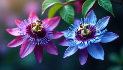 Deep purple and sky blue passion flowers, intertwined, hanging , flower, detail