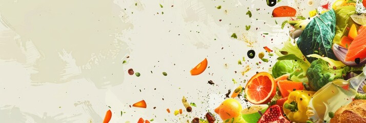 Stop food waste day concept with fresh produce and vegetables. Horizontal banner. Copy space. Flat illustration