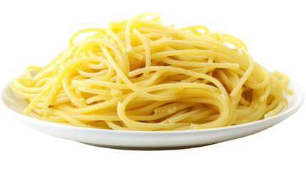 Spaghetti lying on a white plate with transparent background