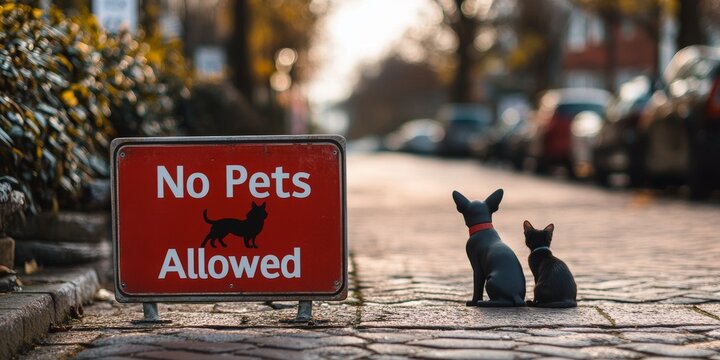 Dog and cat figurines sitting near no pets allowed sign