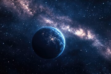 Fototapeta premium A blue planet is situated at the center of a galaxy, offering a stunning visual representation of celestial bodies