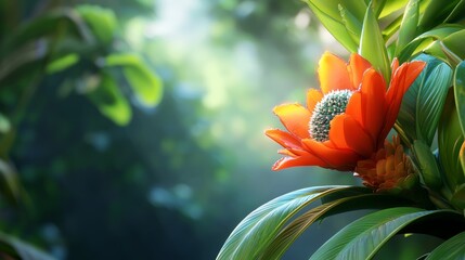 Vibrant Orange Flower in Lush Green Tropical Foliage